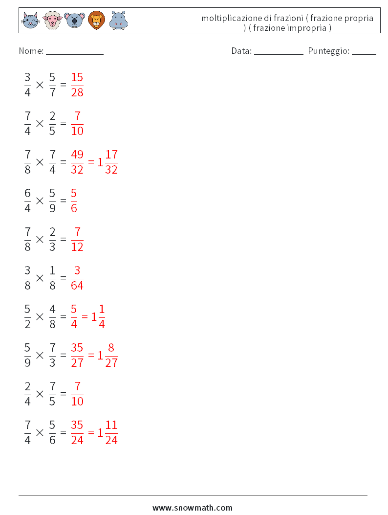 (10) moltiplicazione di frazioni ( frazione propria ) ( frazione impropria ) Fogli di lavoro di matematica 2 Domanda, Risposta