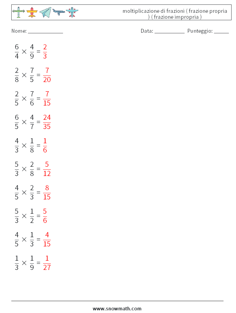 (10) moltiplicazione di frazioni ( frazione propria ) ( frazione impropria ) Fogli di lavoro di matematica 4 Domanda, Risposta