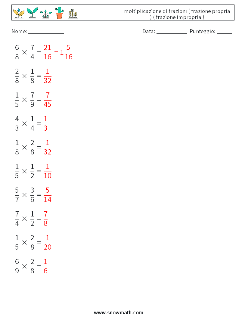 (10) moltiplicazione di frazioni ( frazione propria ) ( frazione impropria ) Fogli di lavoro di matematica 5 Domanda, Risposta