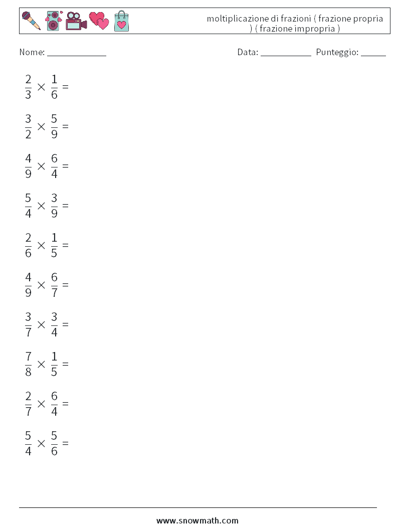 (10) moltiplicazione di frazioni ( frazione propria ) ( frazione impropria ) Fogli di lavoro di matematica 8