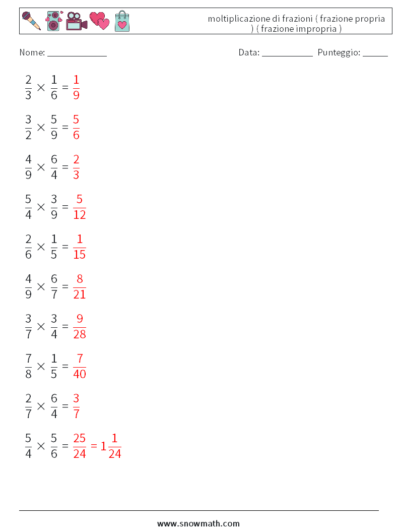 (10) moltiplicazione di frazioni ( frazione propria ) ( frazione impropria ) Fogli di lavoro di matematica 8 Domanda, Risposta