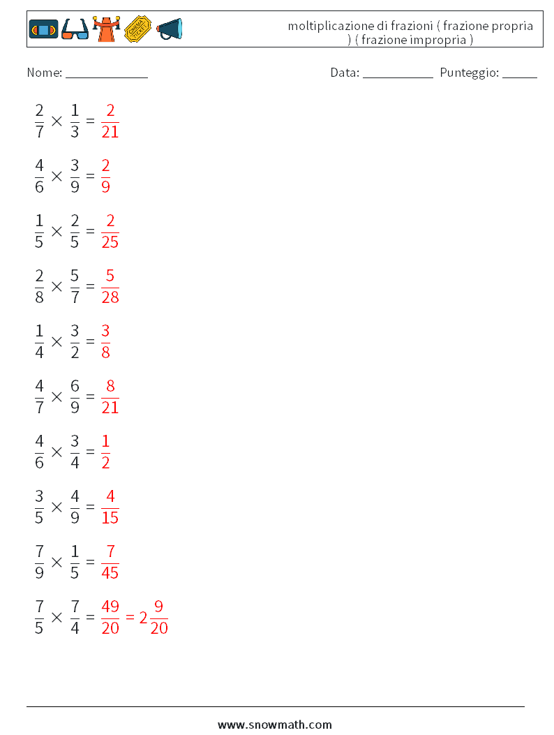 (10) moltiplicazione di frazioni ( frazione propria ) ( frazione impropria ) Fogli di lavoro di matematica 9 Domanda, Risposta