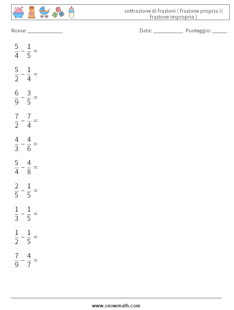 (10) sottrazione di frazioni ( frazione propria )( frazione impropria ) Fogli di lavoro di matematica 10