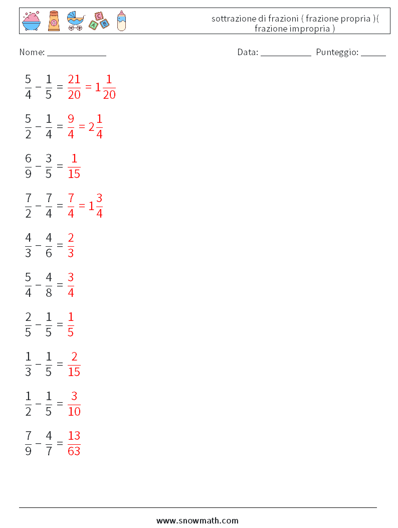 (10) sottrazione di frazioni ( frazione propria )( frazione impropria ) Fogli di lavoro di matematica 10 Domanda, Risposta