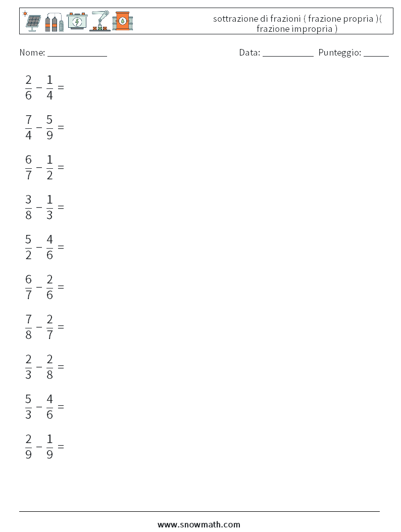 (10) sottrazione di frazioni ( frazione propria )( frazione impropria ) Fogli di lavoro di matematica 11