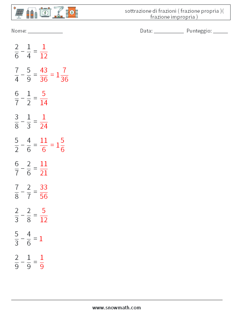 (10) sottrazione di frazioni ( frazione propria )( frazione impropria ) Fogli di lavoro di matematica 11 Domanda, Risposta