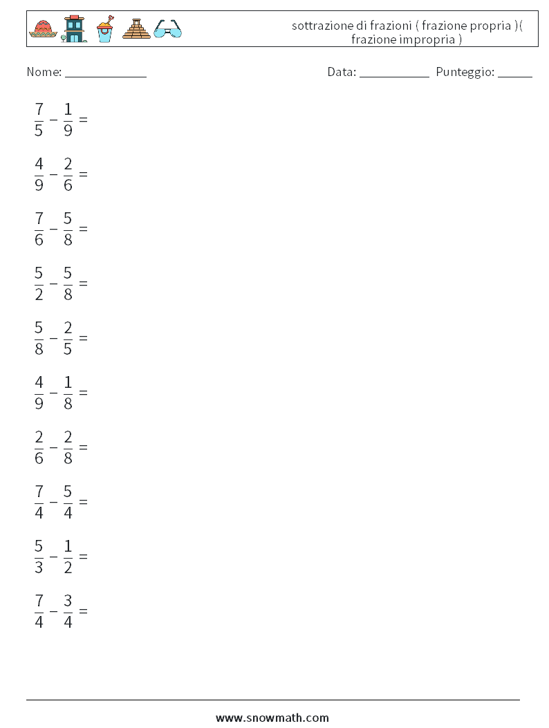 (10) sottrazione di frazioni ( frazione propria )( frazione impropria ) Fogli di lavoro di matematica 12