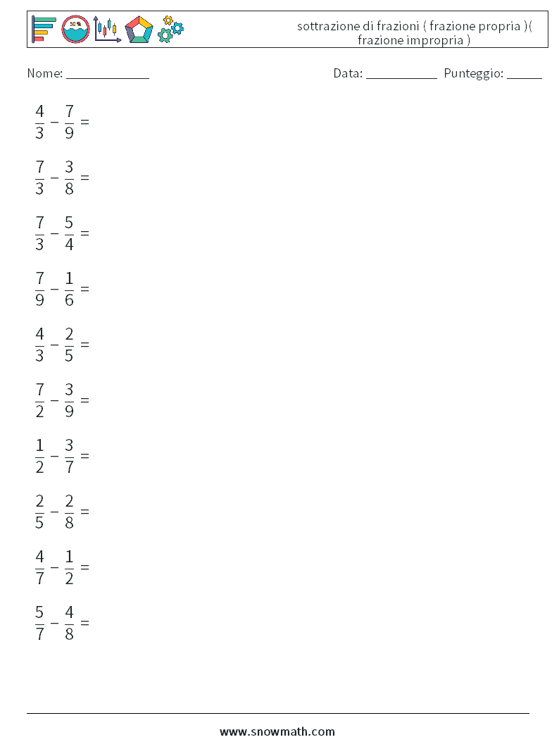 (10) sottrazione di frazioni ( frazione propria )( frazione impropria ) Fogli di lavoro di matematica 13