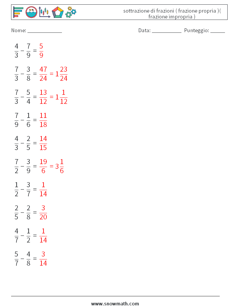 (10) sottrazione di frazioni ( frazione propria )( frazione impropria ) Fogli di lavoro di matematica 13 Domanda, Risposta