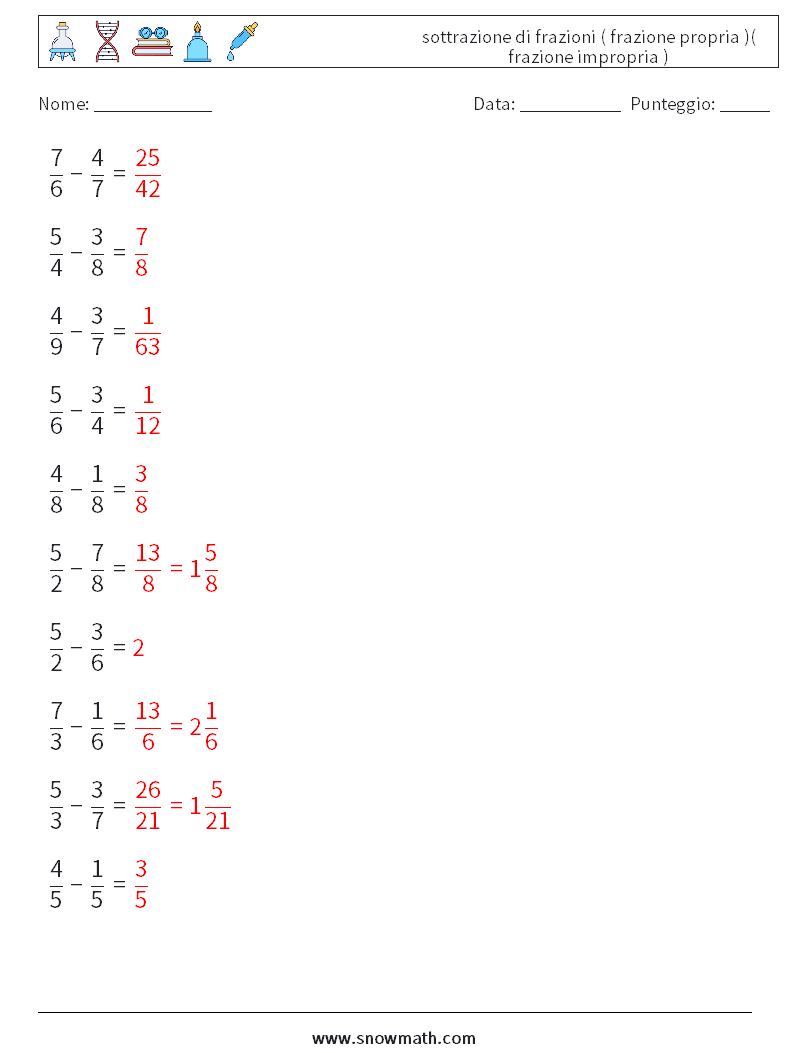 (10) sottrazione di frazioni ( frazione propria )( frazione impropria ) Fogli di lavoro di matematica 14 Domanda, Risposta