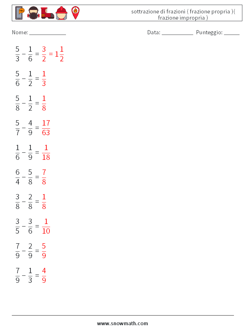 (10) sottrazione di frazioni ( frazione propria )( frazione impropria ) Fogli di lavoro di matematica 15 Domanda, Risposta