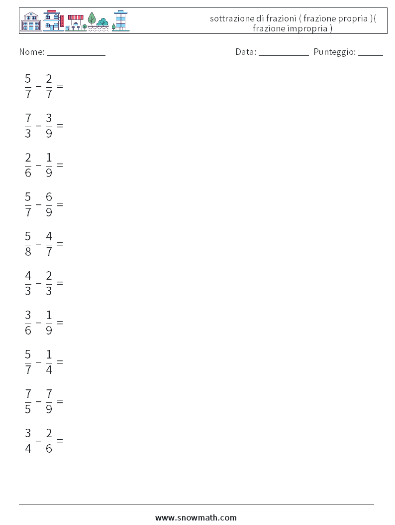 (10) sottrazione di frazioni ( frazione propria )( frazione impropria ) Fogli di lavoro di matematica 16