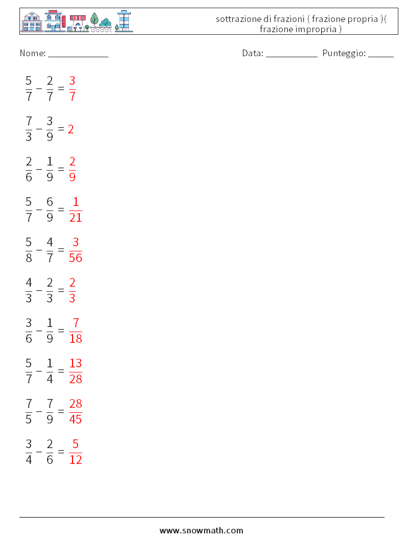 (10) sottrazione di frazioni ( frazione propria )( frazione impropria ) Fogli di lavoro di matematica 16 Domanda, Risposta