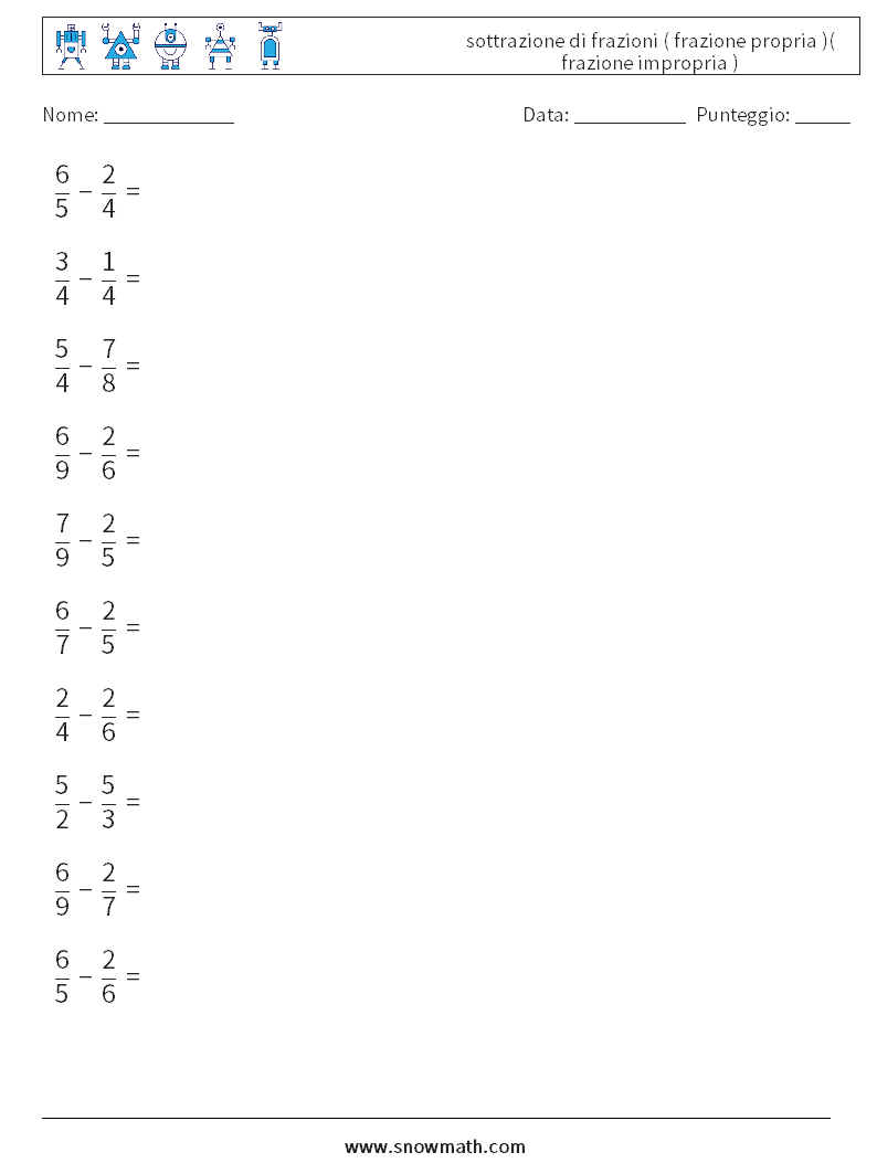 (10) sottrazione di frazioni ( frazione propria )( frazione impropria ) Fogli di lavoro di matematica 17