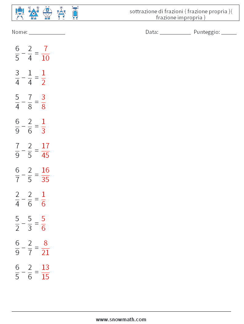 (10) sottrazione di frazioni ( frazione propria )( frazione impropria ) Fogli di lavoro di matematica 17 Domanda, Risposta