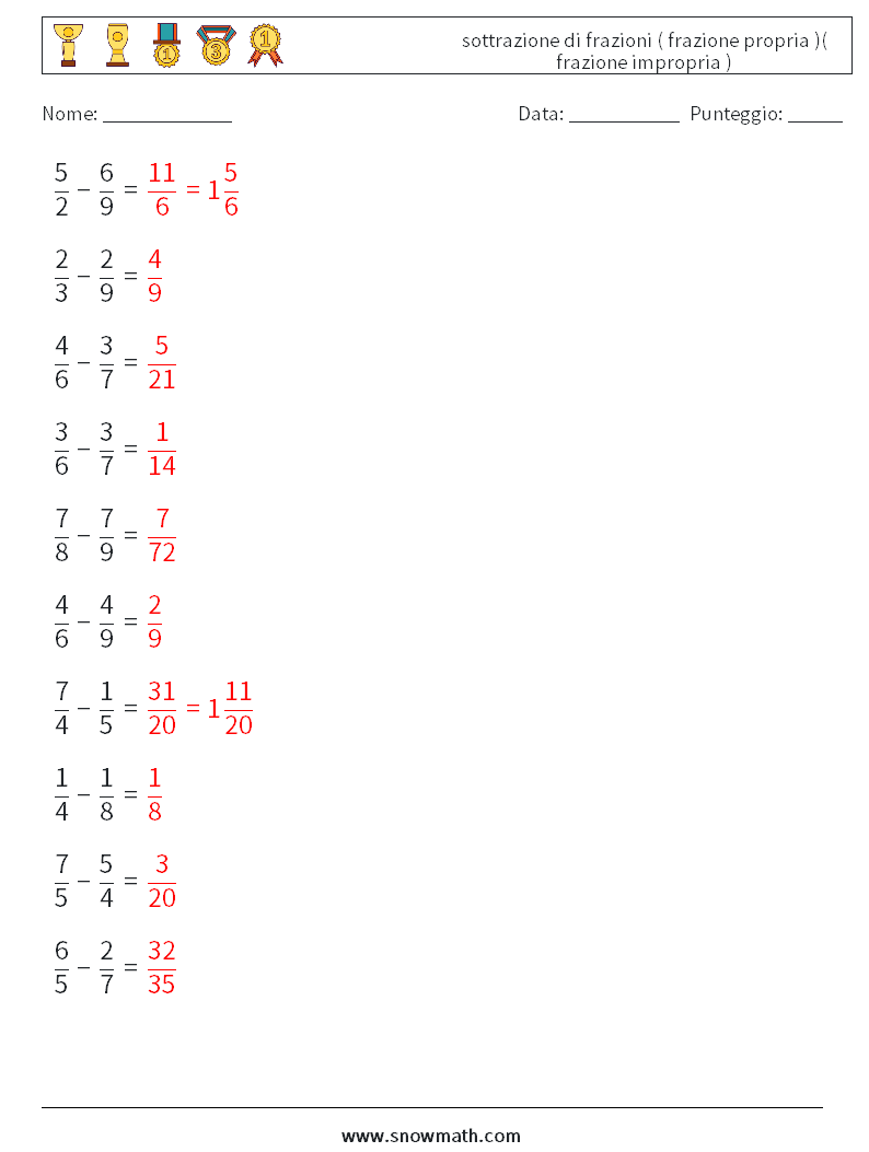 (10) sottrazione di frazioni ( frazione propria )( frazione impropria ) Fogli di lavoro di matematica 1 Domanda, Risposta