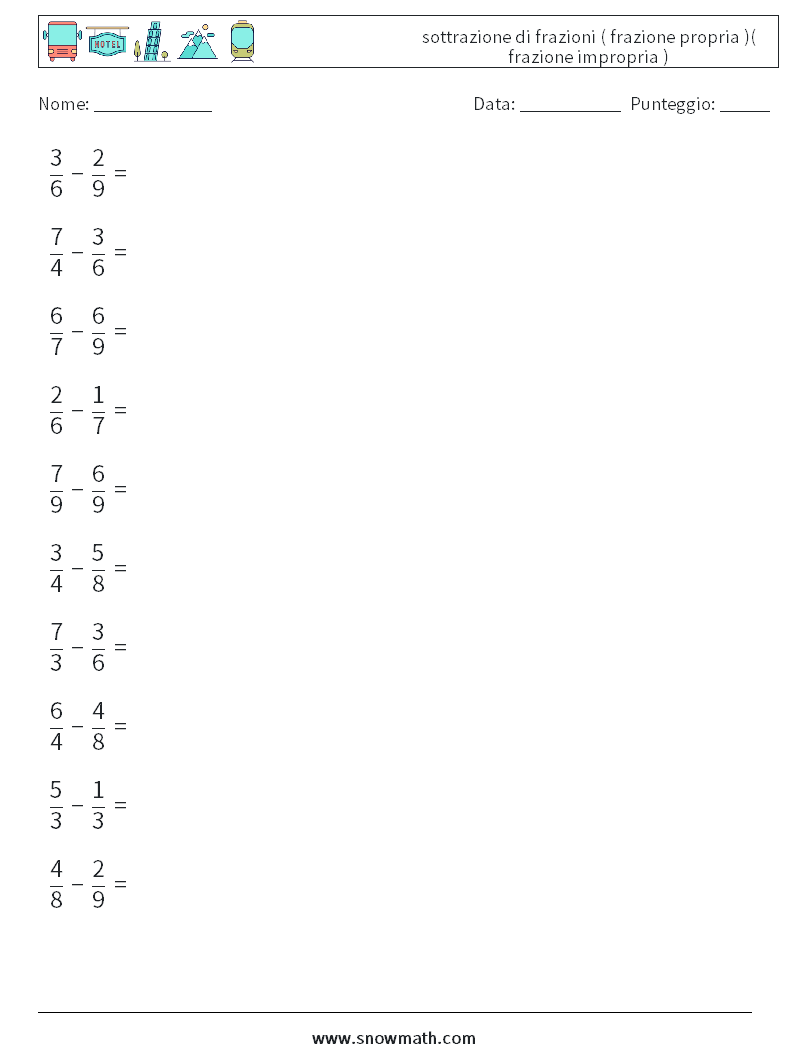 (10) sottrazione di frazioni ( frazione propria )( frazione impropria ) Fogli di lavoro di matematica 2