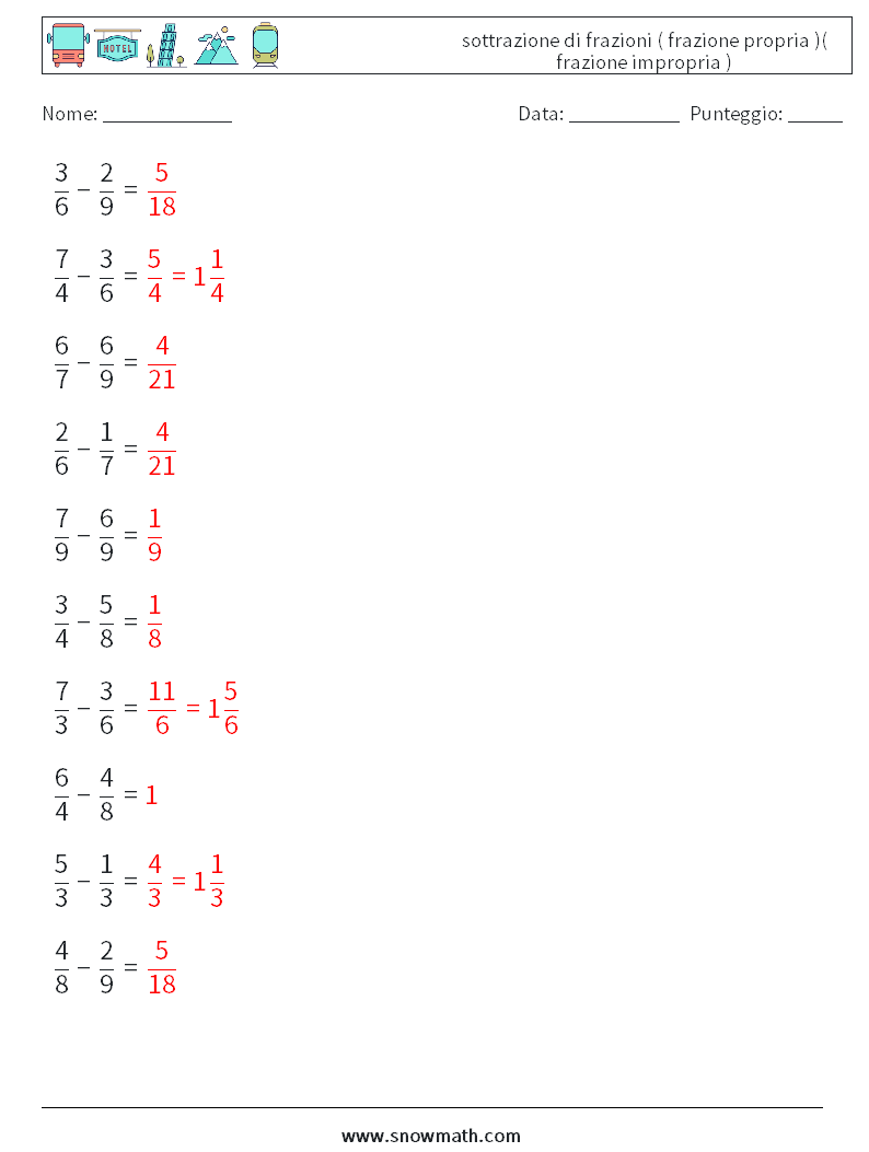 (10) sottrazione di frazioni ( frazione propria )( frazione impropria ) Fogli di lavoro di matematica 2 Domanda, Risposta