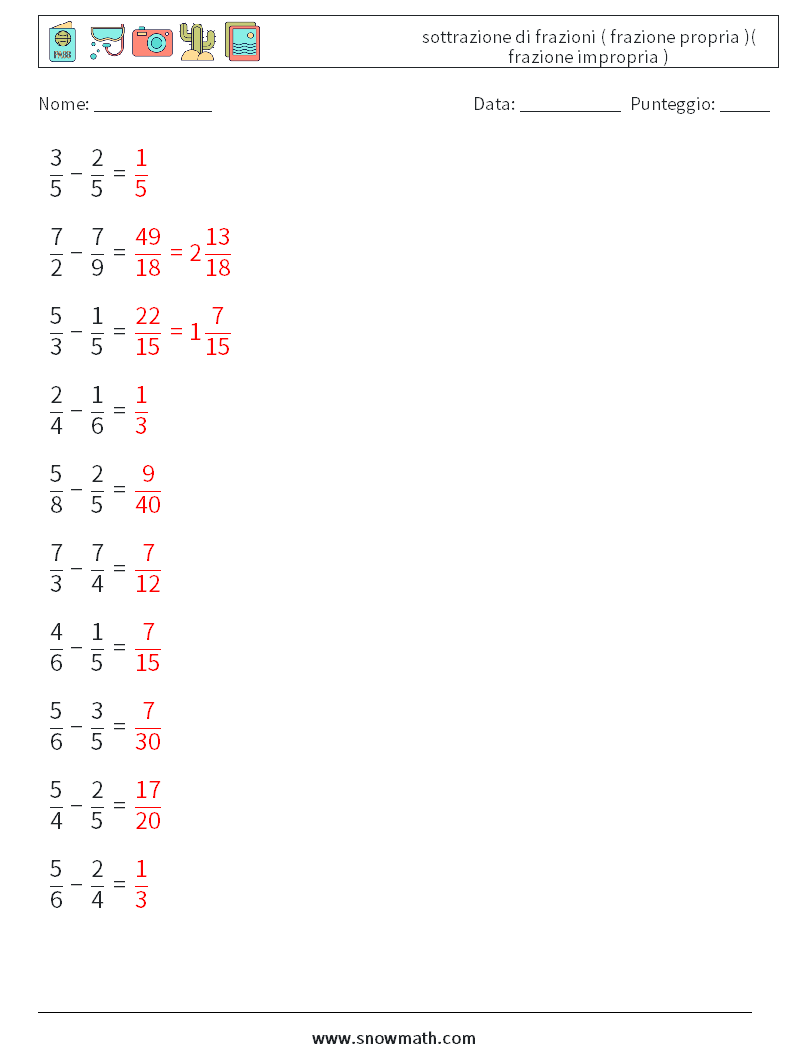 (10) sottrazione di frazioni ( frazione propria )( frazione impropria ) Fogli di lavoro di matematica 3 Domanda, Risposta