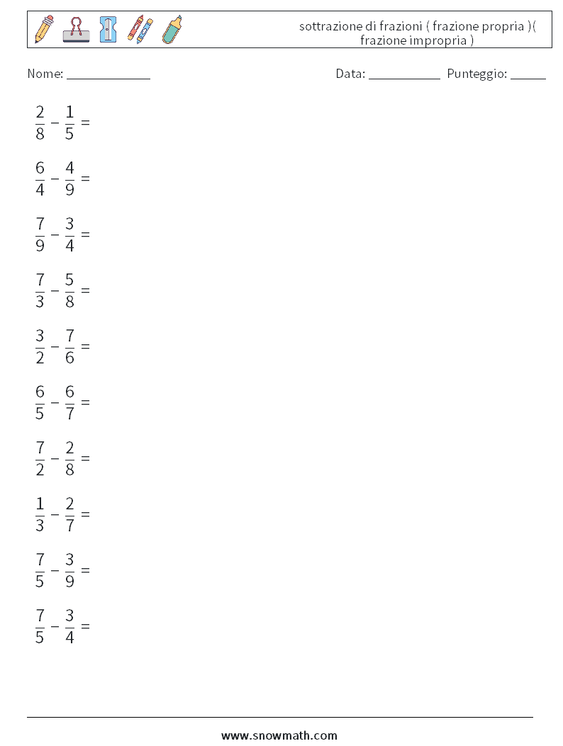 (10) sottrazione di frazioni ( frazione propria )( frazione impropria ) Fogli di lavoro di matematica 4