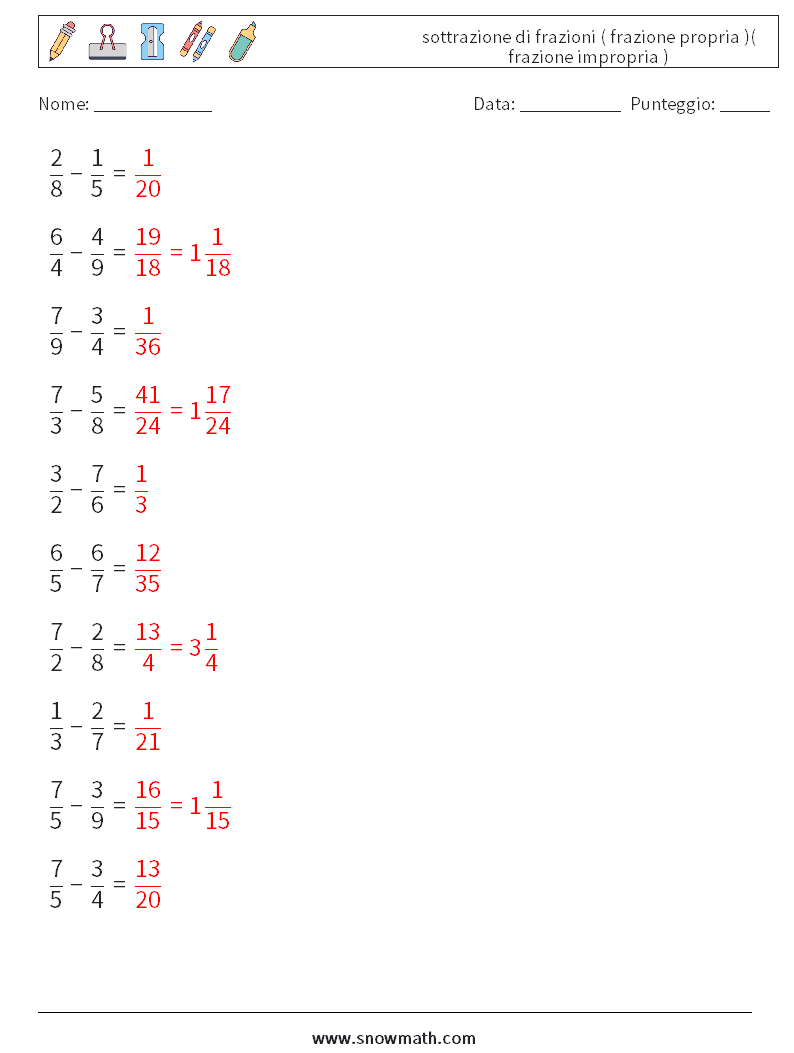 (10) sottrazione di frazioni ( frazione propria )( frazione impropria ) Fogli di lavoro di matematica 4 Domanda, Risposta
