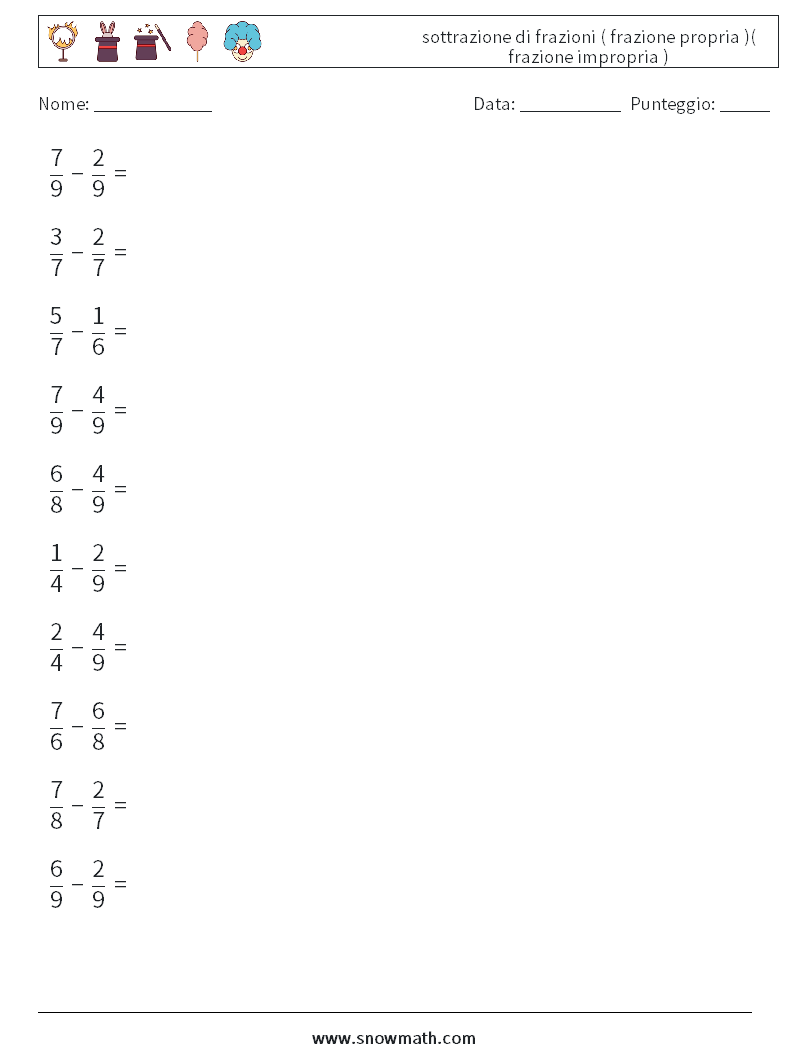 (10) sottrazione di frazioni ( frazione propria )( frazione impropria ) Fogli di lavoro di matematica 5