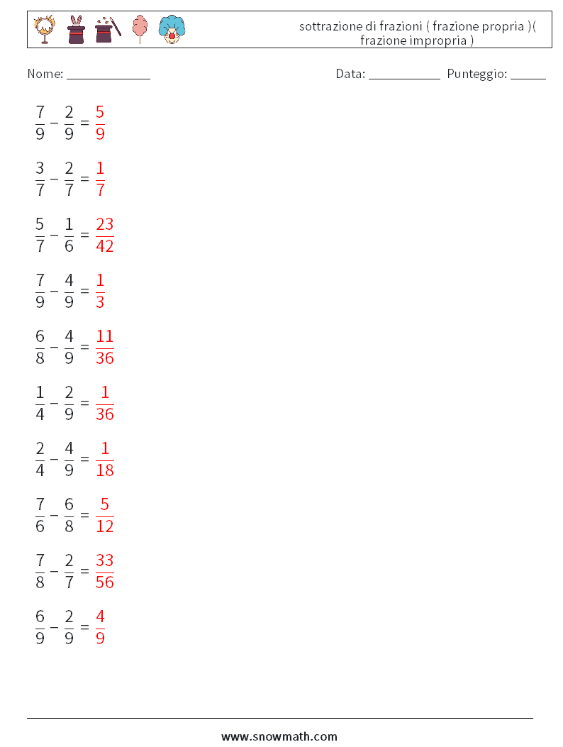 (10) sottrazione di frazioni ( frazione propria )( frazione impropria ) Fogli di lavoro di matematica 5 Domanda, Risposta