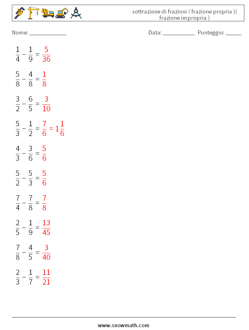 (10) sottrazione di frazioni ( frazione propria )( frazione impropria ) Fogli di lavoro di matematica 6 Domanda, Risposta