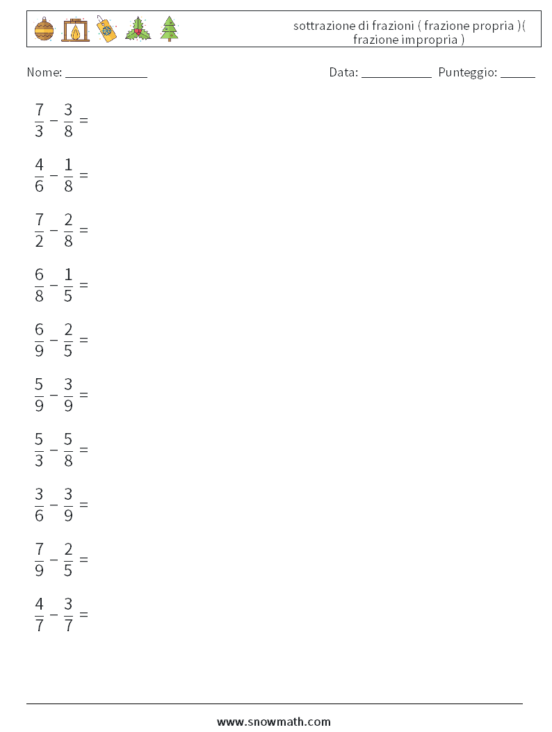(10) sottrazione di frazioni ( frazione propria )( frazione impropria ) Fogli di lavoro di matematica 7