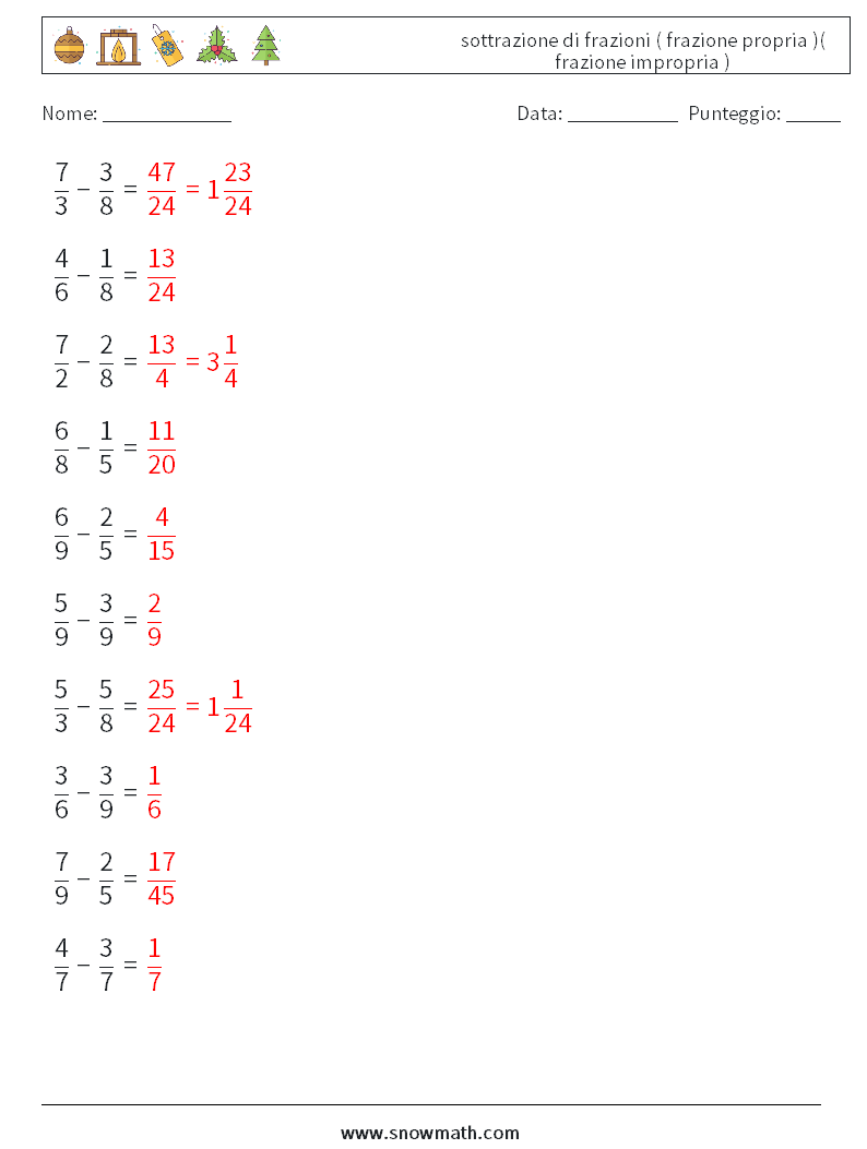 (10) sottrazione di frazioni ( frazione propria )( frazione impropria ) Fogli di lavoro di matematica 7 Domanda, Risposta