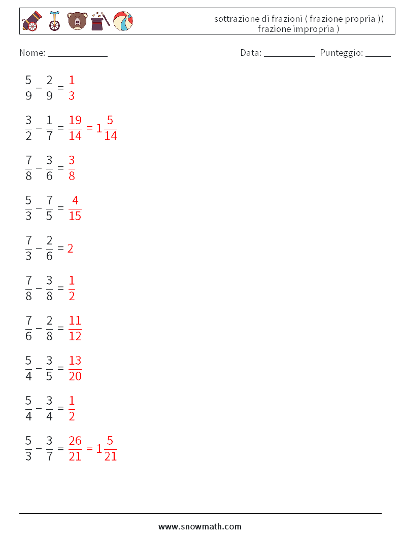 (10) sottrazione di frazioni ( frazione propria )( frazione impropria ) Fogli di lavoro di matematica 8 Domanda, Risposta