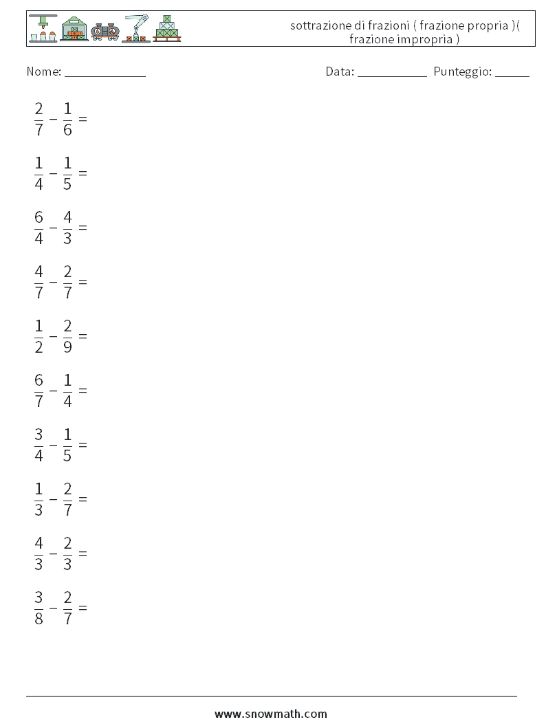 (10) sottrazione di frazioni ( frazione propria )( frazione impropria ) Fogli di lavoro di matematica 9