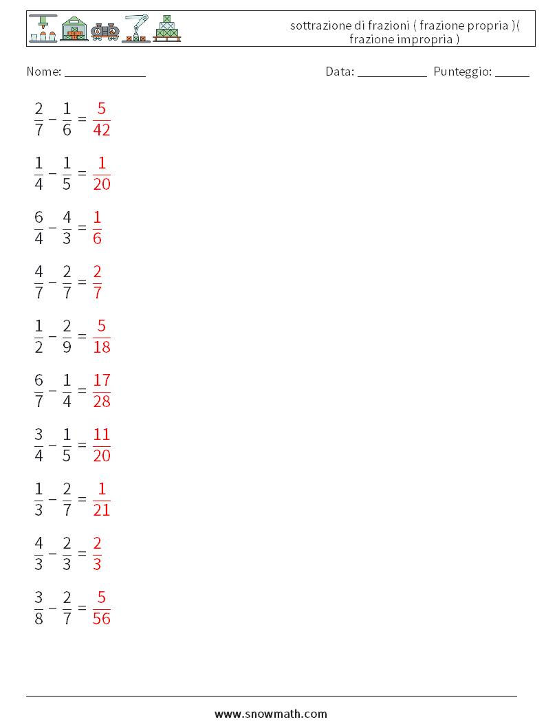 (10) sottrazione di frazioni ( frazione propria )( frazione impropria ) Fogli di lavoro di matematica 9 Domanda, Risposta