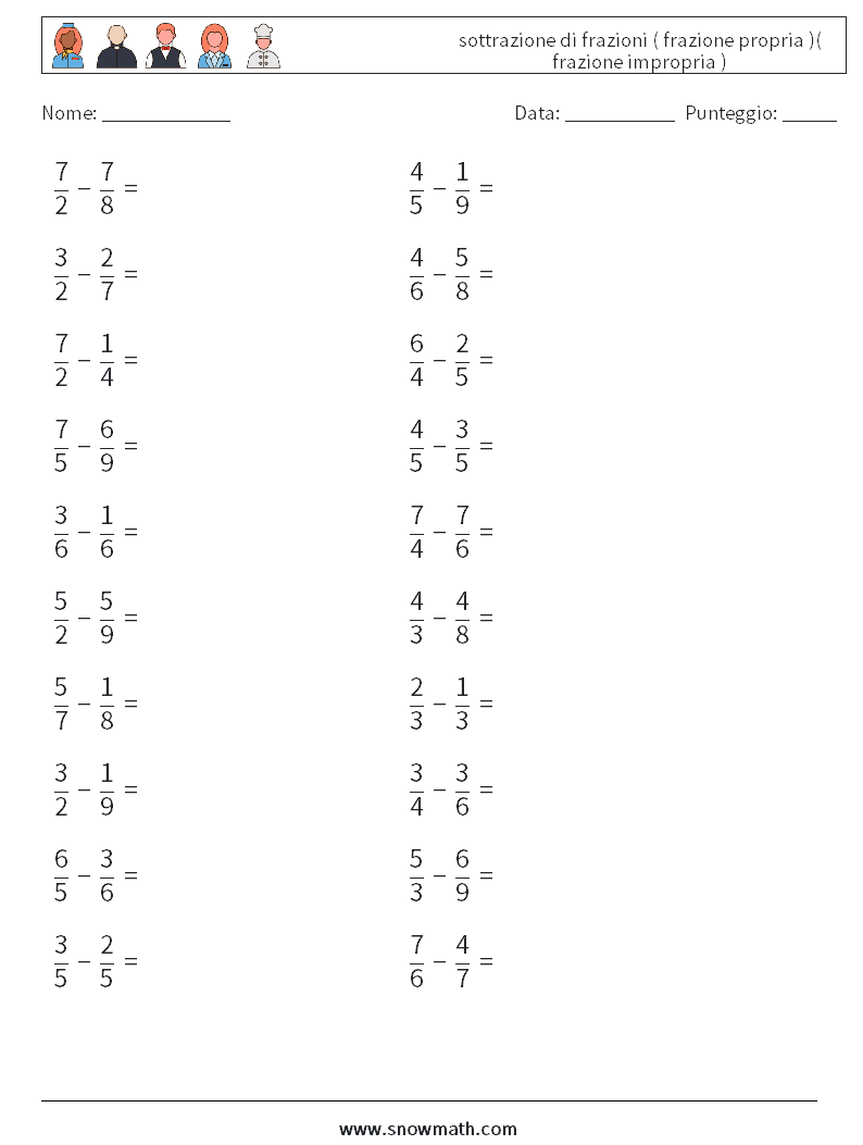 (20) sottrazione di frazioni ( frazione propria )( frazione impropria ) Fogli di lavoro di matematica 1