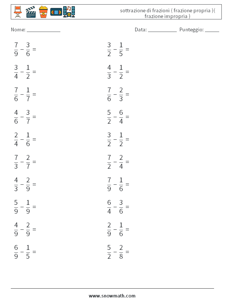 (20) sottrazione di frazioni ( frazione propria )( frazione impropria ) Fogli di lavoro di matematica 10
