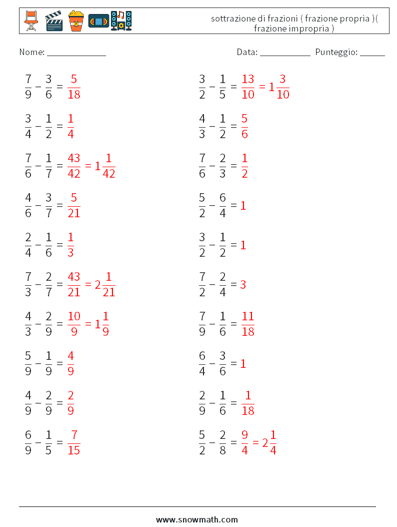 (20) sottrazione di frazioni ( frazione propria )( frazione impropria ) Fogli di lavoro di matematica 10 Domanda, Risposta