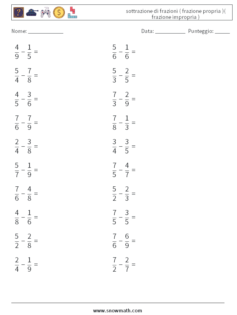 (20) sottrazione di frazioni ( frazione propria )( frazione impropria ) Fogli di lavoro di matematica 11