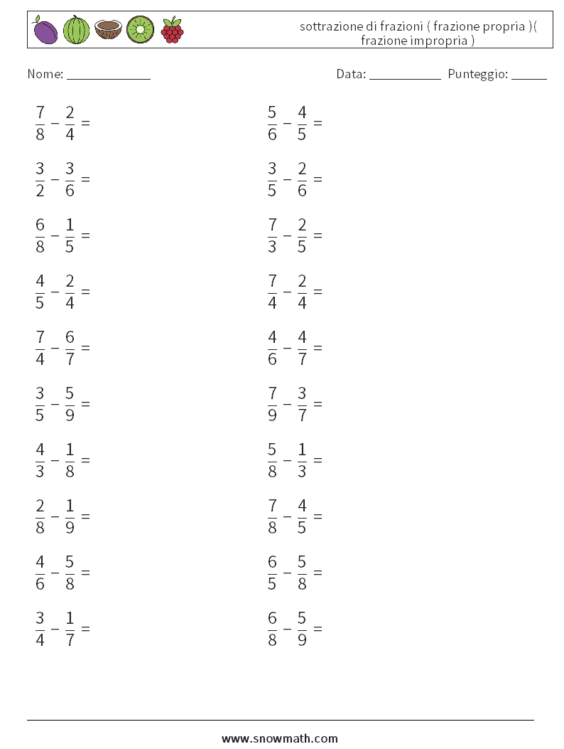 (20) sottrazione di frazioni ( frazione propria )( frazione impropria ) Fogli di lavoro di matematica 12