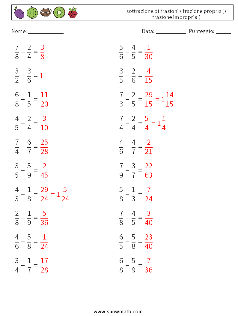 (20) sottrazione di frazioni ( frazione propria )( frazione impropria ) Fogli di lavoro di matematica 12 Domanda, Risposta