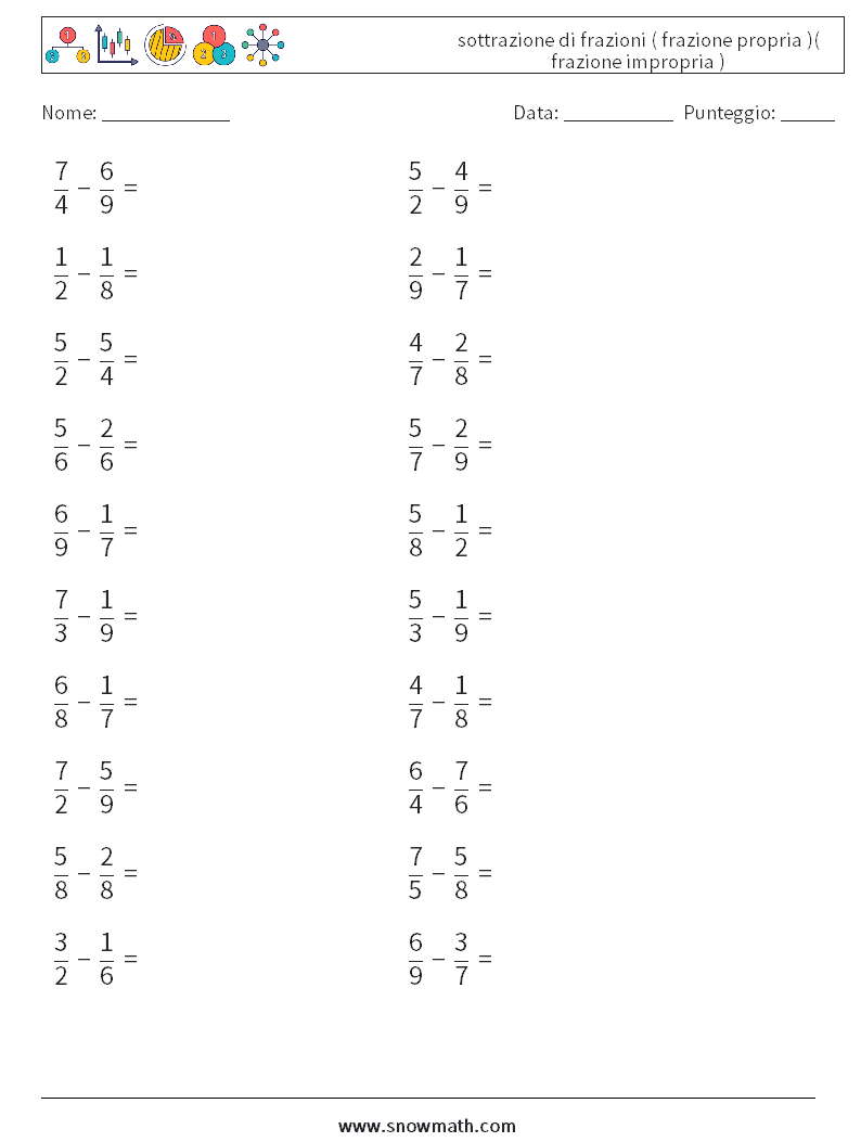 (20) sottrazione di frazioni ( frazione propria )( frazione impropria ) Fogli di lavoro di matematica 13