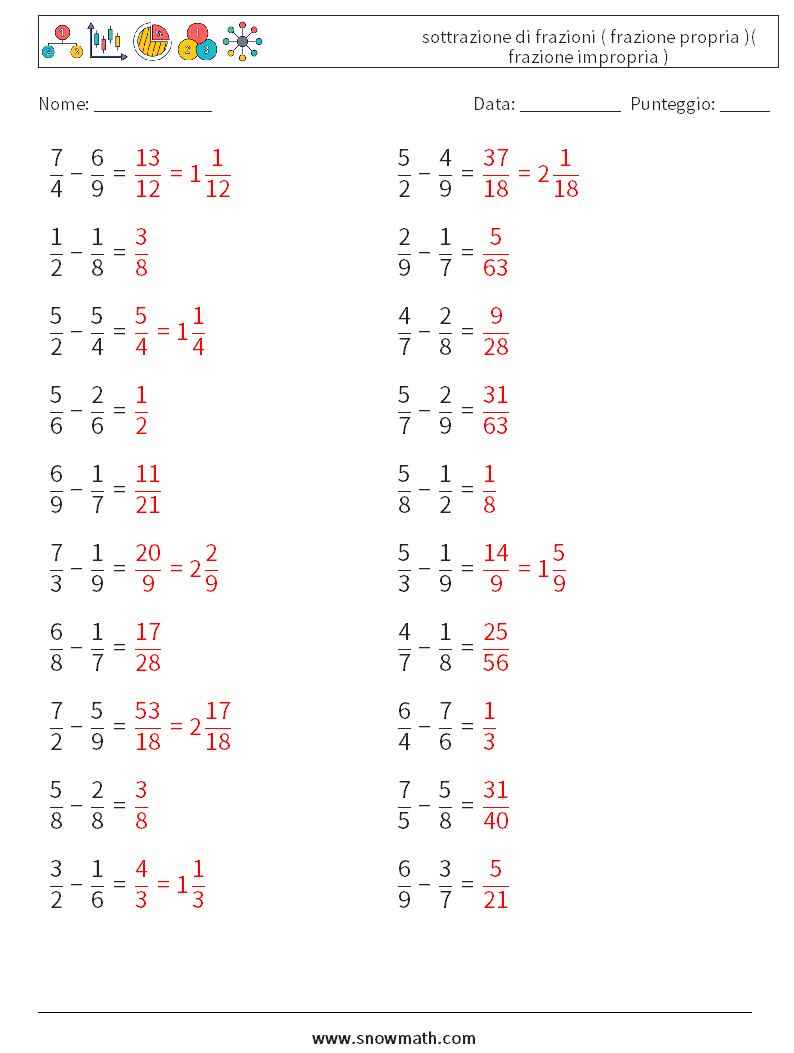 (20) sottrazione di frazioni ( frazione propria )( frazione impropria ) Fogli di lavoro di matematica 13 Domanda, Risposta