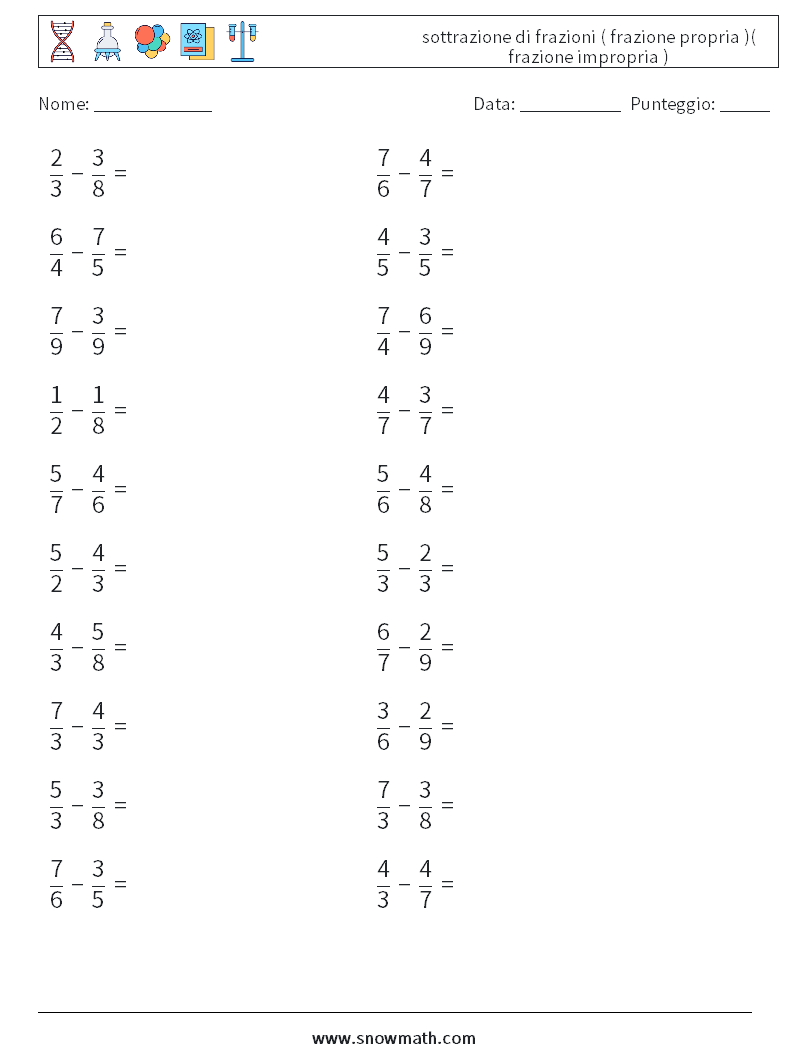 (20) sottrazione di frazioni ( frazione propria )( frazione impropria ) Fogli di lavoro di matematica 14