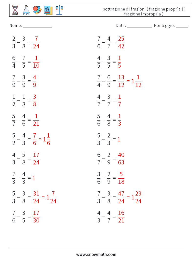 (20) sottrazione di frazioni ( frazione propria )( frazione impropria ) Fogli di lavoro di matematica 14 Domanda, Risposta