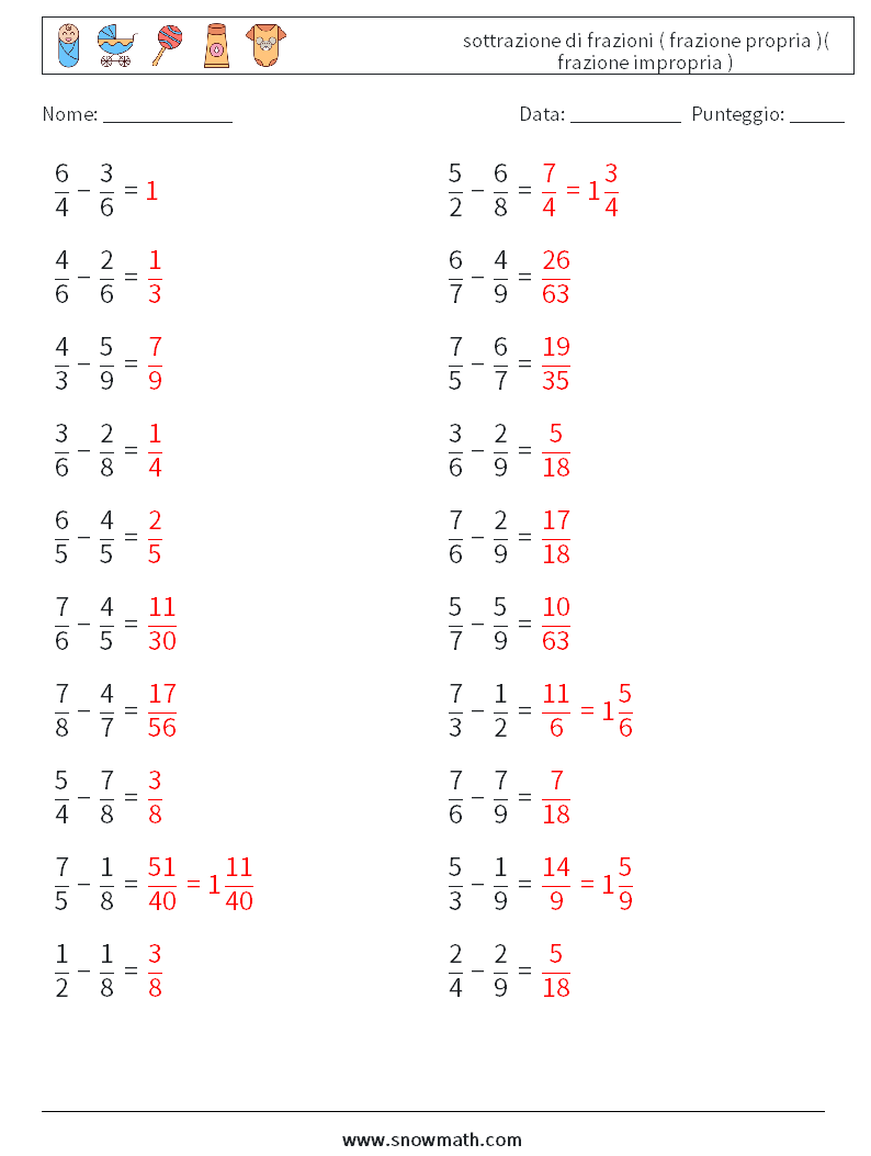 (20) sottrazione di frazioni ( frazione propria )( frazione impropria ) Fogli di lavoro di matematica 15 Domanda, Risposta