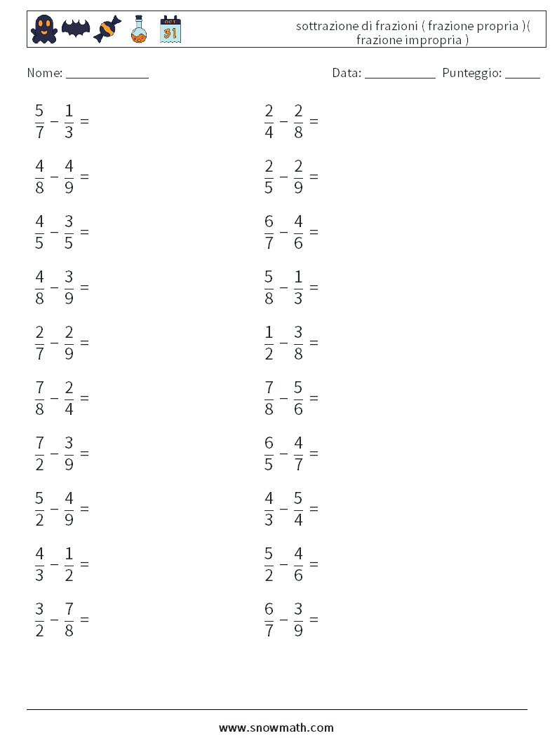 (20) sottrazione di frazioni ( frazione propria )( frazione impropria ) Fogli di lavoro di matematica 16