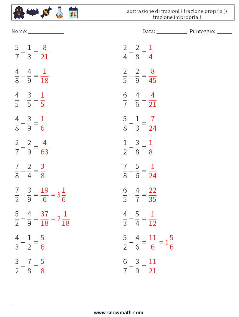 (20) sottrazione di frazioni ( frazione propria )( frazione impropria ) Fogli di lavoro di matematica 16 Domanda, Risposta