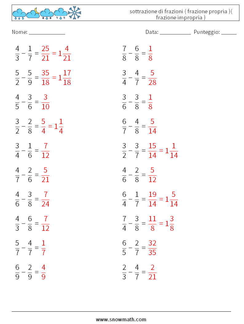 (20) sottrazione di frazioni ( frazione propria )( frazione impropria ) Fogli di lavoro di matematica 17 Domanda, Risposta