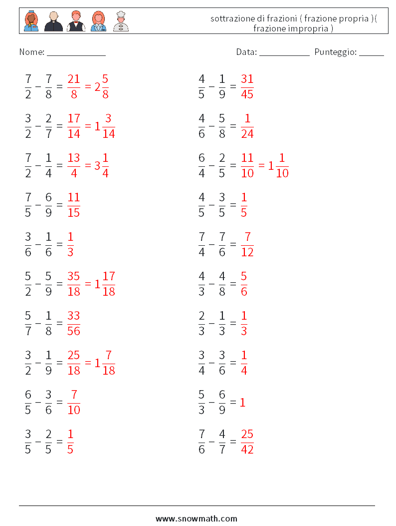 (20) sottrazione di frazioni ( frazione propria )( frazione impropria ) Fogli di lavoro di matematica 1 Domanda, Risposta
