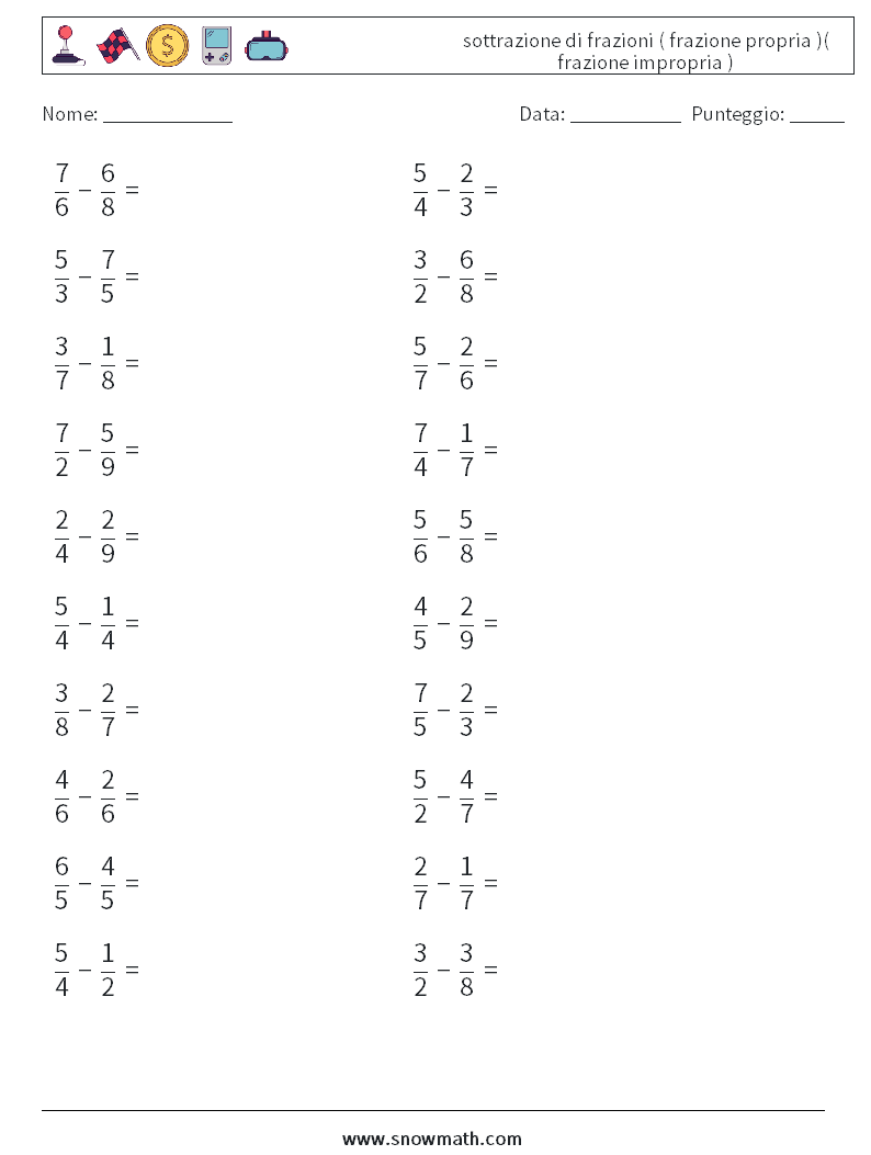 (20) sottrazione di frazioni ( frazione propria )( frazione impropria ) Fogli di lavoro di matematica 2