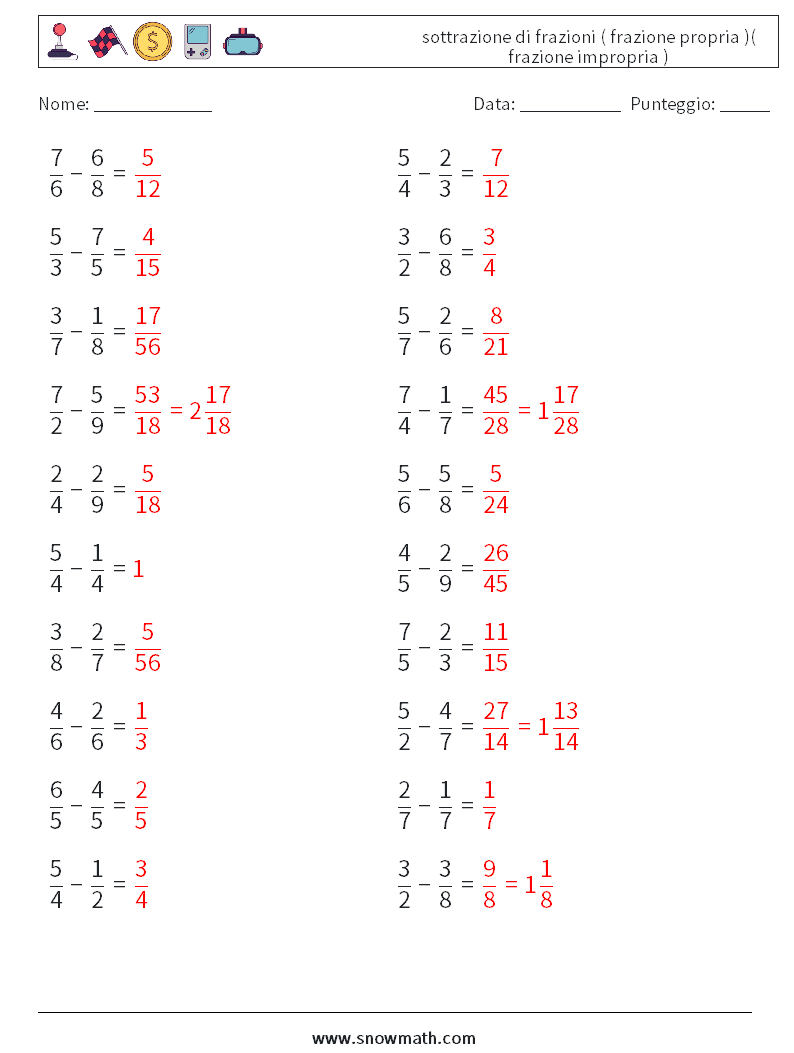 (20) sottrazione di frazioni ( frazione propria )( frazione impropria ) Fogli di lavoro di matematica 2 Domanda, Risposta